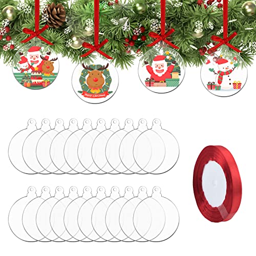 WANDIC 20 Stück Weihnachts-Acryl-Ornamente, transparente, runde Acryl-Ornamente mit rotem Band, blanko, Kreis, Weihnachtsscheiben für DIY, Basteln, Weihnachtsbaum-Dekoration (rund) von WANDIC