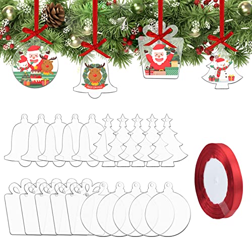 WANDIC 20 Stück Weihnachts-Acryl-Ornamente, transparente Acryl-Ornamente mit rotem Band, Blanko-Weihnachtsscheiben für Heimwerker, Basteln, Weihnachtsbaum-Dekoration (gemischt) von WANDIC