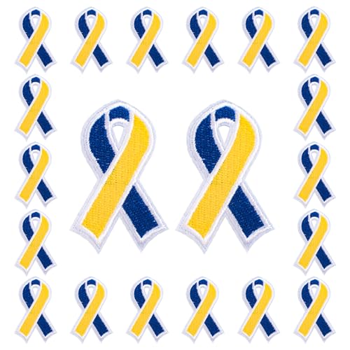 WANDIC 20 Stück Gelb & Blau Eisen auf Patches Down-Syndrom Bewusstsein Band Aufkleber Krebs Bewusstsein Stickerei Patches für Wohltätigkeitsveranstaltungen von WANDIC