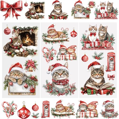 WANDIC 3 Blatt Weihnachten Transfer Aufkleber, Möbel Transfer Aufkleber, Katze Weihnachtsbaum Muster für DIY Scrapbooking Urlaub Dekoration, 15 * 30 cm von WANDIC