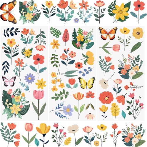 WANDIC 3 Bögen Frühlingsaufkleber mit Blumenelementen, Schmetterlings-Aufkleber, wasserdichte Aufkleber, Möbelaufkleber, Heimdekoration, Aufkleber für Heimwerker, 15 x 30 cm von WANDIC