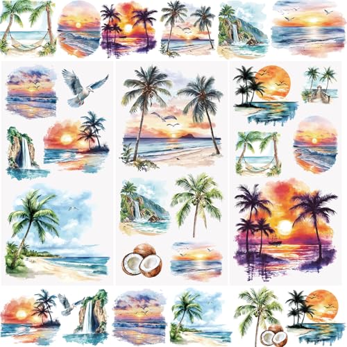 WANDIC 3 Bögen Strandaufkleber zum Aufreiben, Meeresaufkleber, Sonnenuntergang, wasserdicht, 15 x 30 cm von WANDIC