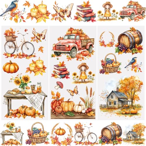 WANDIC 3 Bögen Transfer-Aufkleber, Herbst-Themen-Aufkleber, Orange, wasserdicht, dekorative Aufkleber für Album, Scrapbooking, Fotofenster, 15 x 30 cm WANDIC 3 Bögen Transfer-Aufkleber, Herbst-Themen-Aufkleber, Orange, wasserdicht, dekorative Aufkleber für Album, Scrapbooking, Fotofenster, 15 x 30 cm von WANDIC