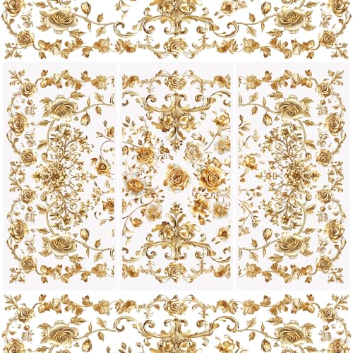 WANDIC 3 Bögen Transfer-Aufkleber, Retro, goldenes Blumenmuster, wasserdicht, Möbel, Handwerk, Verzierungen für DIY, Scrapbooking, Fotoalben, 15 x 30 cm von WANDIC
