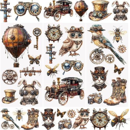 WANDIC 3 Bögen Transfer-Aufkleber, Retro-Stil, Steam-Punk-Stil, wasserdicht, Möbelhandwerk, dekorativ für DIY, Scrapbooking, Fotoalben, 15 x 30 cm von WANDIC