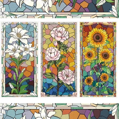 WANDIC 3 Bögen Transfer-Aufkleber, buntes Glas-Blumenmuster, DIY-Aufkleber, wasserdicht, Möbel-dekorative Aufkleber für Schrank, 15 x 30 cm von WANDIC