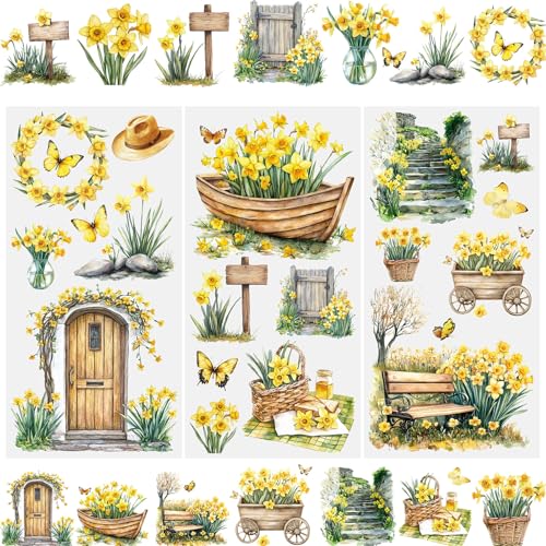 WANDIC 3 Bögen Transfer-Aufkleber, gelbe Blumen, Schmetterlings-Design, Aufkleber, wasserdichte Aufkleber für Scrapbooking, Fenster, 15 x 30 cm WANDIC 3 Bögen Transfer-Aufkleber, gelbe Blumen, Schmetterlings-Design, Aufkleber, wasserdichte Aufkleber für Scrapbooking, Fenster, 15 x 30 cm von WANDIC