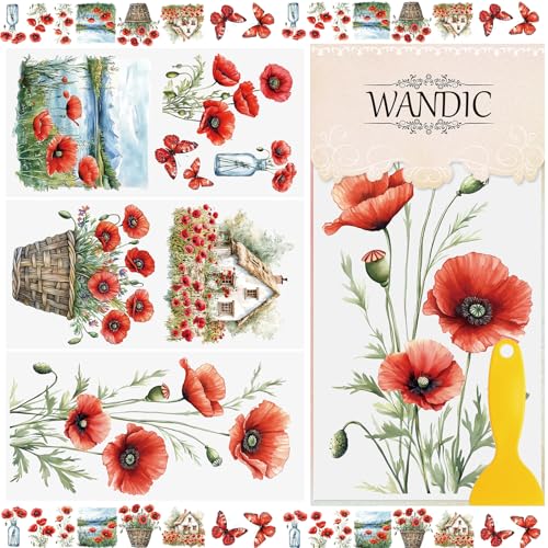 WANDIC 3 Bögen Transfer-Aufkleber, rote Mohnblumen-Design, wasserdichte Aufkleber für Alben, Möbel, Fenster, 15 x 30 cm von WANDIC