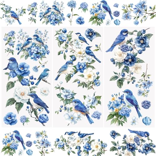 WANDIC 3 Bögen Vögel Blumen Reiben auf Transfer-Aufkleber, wasserdicht, Vintage-Blau, Blumen-Transfer-Aufkleber, Kamelie, Pflanzenaufkleber für Handwerk, Möbel, DIY, Handwerk, Dekoration, 15 x 30 cm von WANDIC