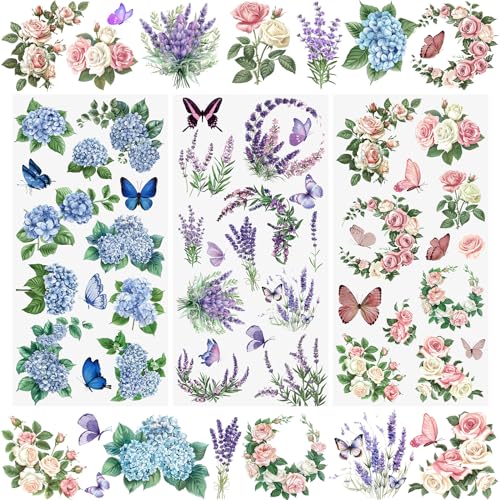 WANDIC 3 Bogen Rub on Transfer Stickers, Blumen Aufkleber Wand mit Romantischer Schmetterling Muster, Wasserdicht, Handarbeiten, Möbel, Dekorieren für Fotoalbum und Scrapbook, 15 x 30 cm von WANDIC