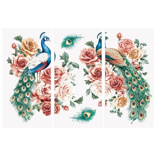 WANDIC 3 Stück Transfer-Aufkleber mit Pfauenmuster, Tiere, zum Aufreiben, für Scrapbooking, Fotoalben, Möbel von WANDIC