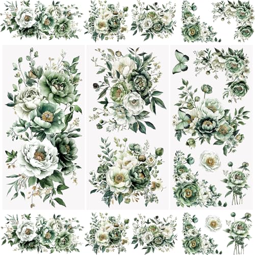 WANDIC 3 x Transfer-Aufkleber, grünes Blumenmuster, wasserdicht, Möbel, Handwerk, Verzierungen für DIY, Scrapbooking, Fotoalben, 15 x 30 cm von WANDIC