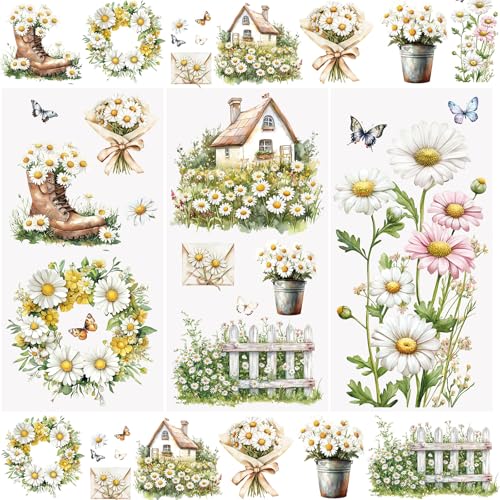 WANDIC 3 x Transfer-Aufkleber mit Gänseblümchenmuster, Blumen-Aufkleber, wasserdicht, für Bastelarbeiten, Scrapbooking, Fotoalben, Möbel von WANDIC