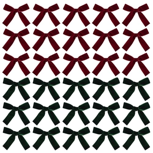 WANDIC 30 Stück Weihnachts-Samtschleifen, Weihnachtsschleifen, Dekorationen, rot-grüne Schleifen, zum Verpacken von Geschenken, vorgebundene Schleife für Haardekoration, Basteln, Hochzeit von WANDIC