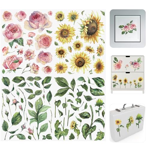 WANDIC 4 Bögen Transfer-Aufkleber, rosa Blumen, Sonnenblume, wasserdichte Aufkleber, Möbel-Transfer-Aufkleber für DIY, Scrapbooking von WANDIC