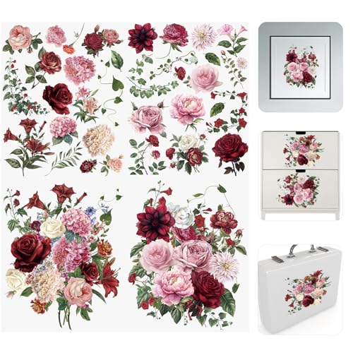 WANDIC 4 Bögen Transfer-Aufkleber, rote Blumen, wasserdichte Aufkleber für Möbel & DIY, Scrapbooking von WANDIC