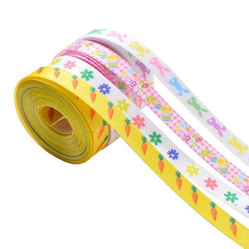 WANDIC 4 Rollen Oster-Polyesterbänder, 9,1 m, einseitiges Streifenband, Oster-Geschenkband, Hasen-Muster, Bänder für Party-Ei-Dekoration von WANDIC