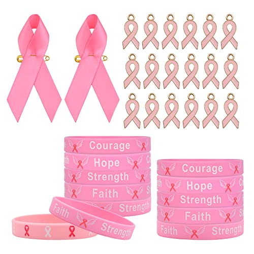 WANDIC 40 Stück Satinbandnadeln & 40 Stück rosa Schleifenanhänger & 20 Stück Silikon-Brustkrebs-Bewusstseins-Armband rosa Schleifenbänder für Frauen von WANDIC