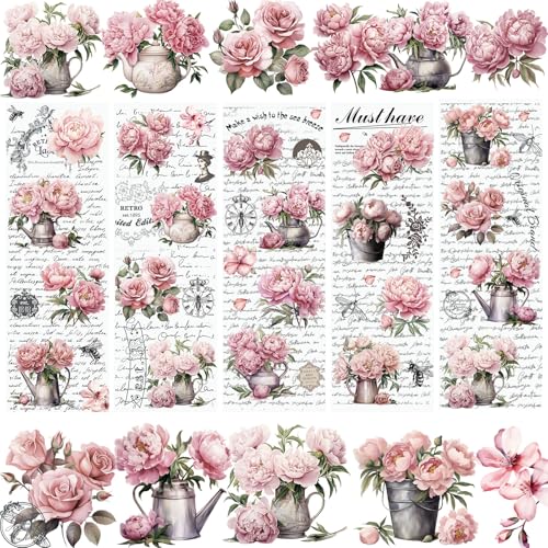 WANDIC 5 Blatt Transfer-Aufkleber, Vintage-Pfingstrosen-Blumen-Aufkleber, Retro, rosa Blume, Wortaufkleber für DIY, Scrapbooking, Fotoalben, Möbel, 30 x 9,9 cm WANDIC 5 Blatt Transfer-Aufkleber, Vintage-Pfingstrosen-Blumen-Aufkleber, Retro, rosa Blume, Wortaufkleber für DIY, Scrapbooking, Fotoalben, Möbel, 30 x 9,9 cm von WANDIC