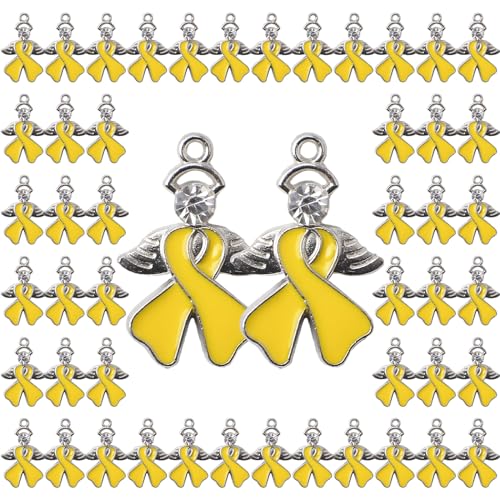 WANDIC 50 Stück Gelbe Bandanhänger Mit Diamant, Legierungs-Knochen-Krebs-Bewusstseins-Charms Mit Flügeln, Band-Charms, Zubehör Für Die Schmuckherstellung von WANDIC