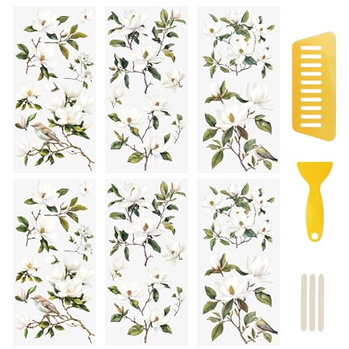 WANDIC 6 Blatt Magnolien-Aufkleber zum Aufreiben, Blumen-Themen-Aufkleber für Zuhause, Party, Geschenkverpackung, DIY, Basteln, Scrapbooking, Fotomöbel, 15 x 30 cm von WANDIC