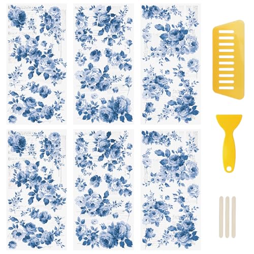 WANDIC 6 Blatt Transfer-Aufkleber, blaue Blumen, wasserdichte Aufkleber, Möbel-Transfer-Aufkleber für DIY, Scrapbooking WANDIC 6 Blatt Transfer-Aufkleber, blaue Blumen, wasserdichte Aufkleber, Möbel-Transfer-Aufkleber für DIY, Scrapbooking von WANDIC