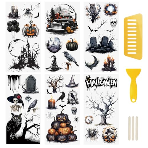 WANDIC 6 Bögen Halloween-Aufkleber zum Aufreiben, exquisite Krähe, Geist, Fledermaus, Totenkopf, Transferaufkleber, wasserdicht, für Zuhause, Party, Basteln, 15 x 30 cm WANDIC 6 Bögen Halloween-Aufkleber zum Aufreiben, exquisite Krähe, Geist, Fledermaus, Totenkopf, Transferaufkleber, wasserdicht, für Zuhause, Party, Basteln, 15 x 30 cm von WANDIC