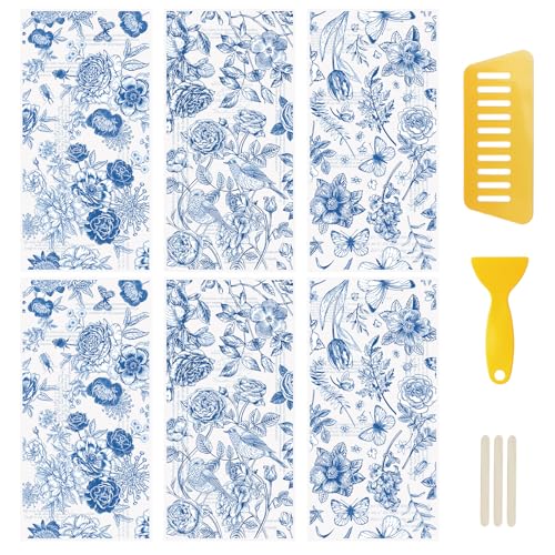 WANDIC 6 Bögen blaue Blumen-Aufkleber, Rosen-Aufkleber, Schmetterlings-Aufkleber, Möbelaufkleber für Heimdekoration, 15 x 30 cm von WANDIC