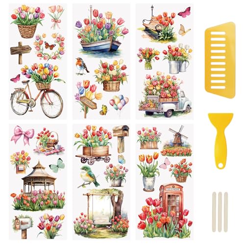 WANDIC 6 Stück Tulpen zum Aufreiben, Transfer-Aufkleber, Frühlingslandschaft, Blumen-Aufkleber für Geschenkverpackung, DIY, Scrapbooking, Fotoalben, Möbel, 15 x 30 cm von WANDIC