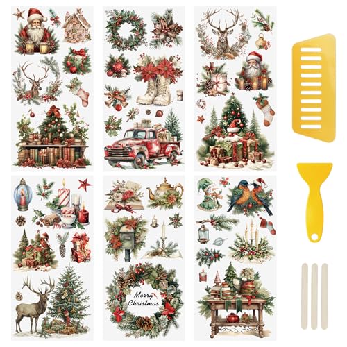 WANDIC 6 Stück Vintage Rub On Sticker Weihnachten, Frohe Weihnachten Aufkleber Winter Wasserdichte Aufkleberfür Scrapbook Tagebuch Planer Album,15 * 30cm von WANDIC