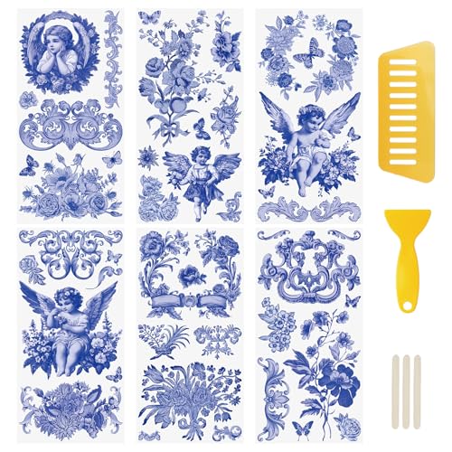 WANDIC 6 Stück blaue Transfer-Aufkleber, Engel-Transfer-Aufkleber, Vintage-Blumen-Aufkleber für Geschenkverpackungen, DIY, Scrapbooking, Fotoalben, Möbel, 15 x 30 cm WANDIC 6 Stück blaue Transfer-Aufkleber, Engel-Transfer-Aufkleber, Vintage-Blumen-Aufkleber für Geschenkverpackungen, DIY, Scrapbooking, Fotoalben, Möbel, 15 x 30 cm von WANDIC