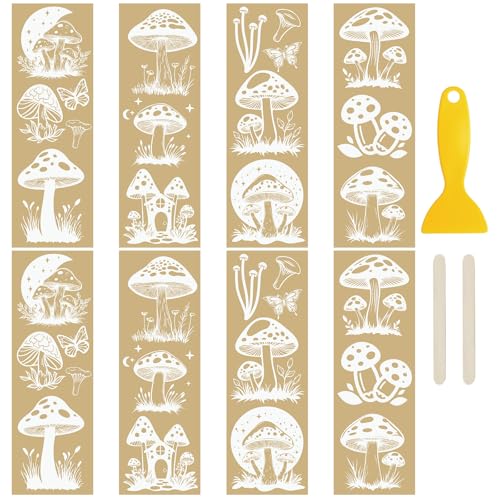 WANDIC 8 x Goldstempel-Aufkleber, zum Aufreiben, Pilz-Thema, Transferaufkleber, wasserdichte Aufkleber für Möbel, Schränke, Fenster, 10 x 30 cm von WANDIC