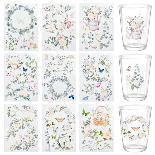 WANDIC 9 Bogen UV DTF Cup Warp Transfer Stickers, Bergtee Blumen 3D Muster Rub on Aufkleber, Wasserdicht, Camellia, Handarbeiten, Möbel, DIY Kunsthandwerk, Dekorieren für Bastelglas, 15x30 cm von WANDIC