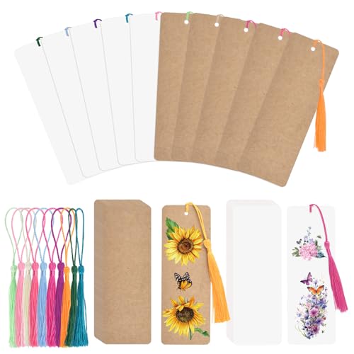 WANDIC Blanko Lesezeichen, 120 Weiße & Braune Leeres Lesezeichen, 120 Bunte Quasten, mit Loch, Basteln Papier Sublimation Rohlinge Set für DIY Handwerk Geschenkanhänger von WANDIC