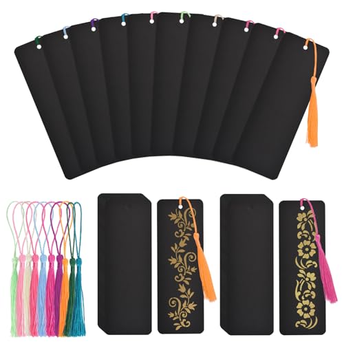 WANDIC Blanko Lesezeichen, 60 Stück Schwarze Leeres Lesezeichen & 60 Stück Bunte Quasten, mit Loch, Basteln Papier Rohlinge Set für DIY Handwerk Projekte Geschenkanhänger von WANDIC