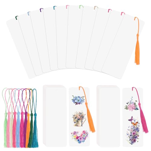 WANDIC Blanko Lesezeichen Sets, 60 Stück Leeres Lesezeichen & 60 Stück Bunte Quasten, mit Loch, Weiß Lesezeichen Rohlinge Basteln Papier für DIY Handwerk Geschenkanhänger von WANDIC
