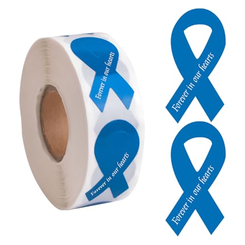WANDIC Blue Ribbon Bewusstseinsaufkleber, 500 Stück, bandförmige Aufkleber in Forever in Our Hearts für Darmkrebs, Prostatakrebs, Bewusstsein WANDIC Blue Ribbon Bewusstseinsaufkleber, 500 Stück, bandförmige Aufkleber in Forever in Our Hearts für Darmkrebs, Prostatakrebs, Bewusstsein von WANDIC