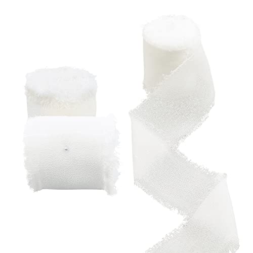 WANDIC Chiffon-Band mit Fransen, 3 Rollen, ausgefranste Kanten, seidenartiges Band zum Verpacken von Geschenken, Blumensträußen, Haarschleifen, Hochzeit, Festival, Dekoration, Basteln, beige Farbe von WANDIC