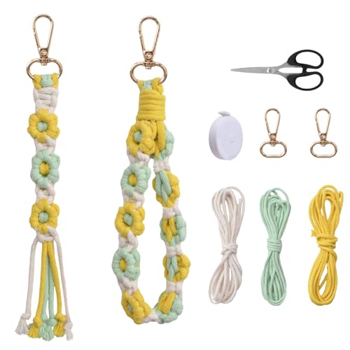 WANDIC DIY Makramee-Kit, 2 Stile Gelb Weben Blume Wristlet Handgelenk Lanyard Strickset für Autoschlüssel Geldbörse Telefon Brieftasche von WANDIC