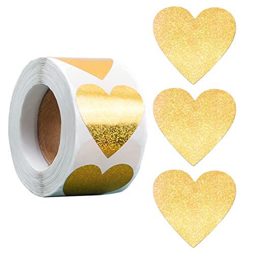 WANDIC Gold Glitzer Herz Aufkleber, 500 Stück Herz Muster Aufkleber Etiketten Rolle Valentinstag Herz Paket Versiegelung für Dating Hochzeit Party Geschenktüten von WANDIC