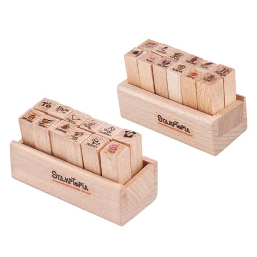 WANDIC Gummistempel, 24 Stück, 2 Stile, Mini-Holzstempel, Tagebuch, Holzstempel mit Holzbox für Bastelarbeiten, Kartenherstellung und Scrapbooking (Reisen und Leben) von WANDIC