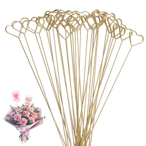 WANDIC Herzförmige Blumenplektren – 30 Stück Metalldraht, Tischkartenhalter, vergoldet, weit verbreitet für Hochzeits-Party-Dekoration, Blumenarrangement, Heimdekoration von WANDIC