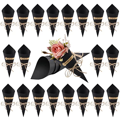 WANDIC Kraftpapierkegel, 50 Stück, schwarze Hochzeitskonfetti-Kegel, Blumenstrauß, Blumenblätter, Süßigkeitentüten, Blumenhalter, mit Hanfseilen, Etiketten-Klebeband von WANDIC