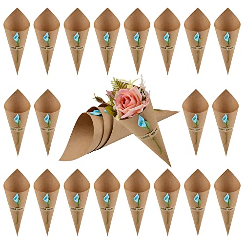 WANDIC Kraftpapierkegel, 50 Stück Hochzeitskonfetti-Papierkegel, Blumenstrauß, Blütenblätter, Boxen mit blauen Hufeisen-Blumen, Aufkleber für Hochzeit, Party, Geschenkverpackung von WANDIC