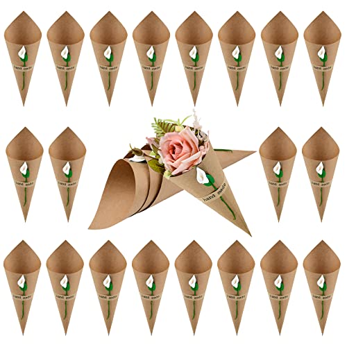 WANDIC Kraftpapier-Zapfen, 50 Stück, Hochzeitskonfetti-Papierkegel, Blumenstrauß, Blütenblätter, Tüten, Boxen mit weißem Hufeisen-Blumen-Aufkleber für Hochzeit, Party, Geschenke, Verpackung von WANDIC
