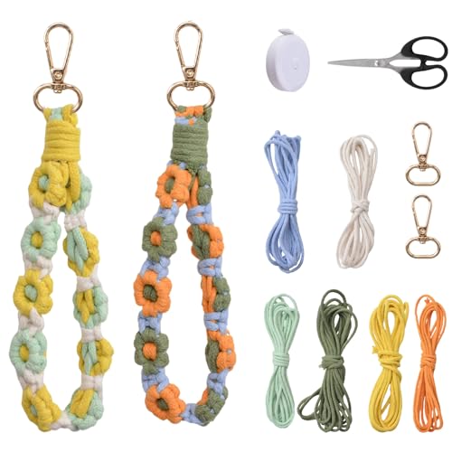 WANDIC Makramee-Kit, 2 Farben, Boho-Webblumen-Armband, Handgelenk-Schlüsselband, Strickset für Autoschlüssel, Geldbörse, Handygeldbörse von WANDIC