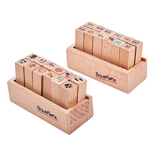 WANDIC Mini-Holz-Gummistempel, 24 Stück, 2 verschiedene Themen-Stempel mit Holzbox für Bastelarbeiten, Kartenherstellung und Scrapbooking von WANDIC
