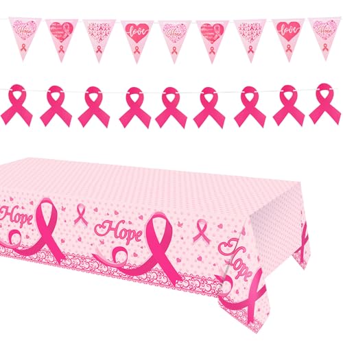 WANDIC Pinkes Band-Set, 1 Tischdecke und 2 Banner für Brustkrebsbewusstsein, Oktober, Krebs, Überlebende, Krieger, Kämpfer, Geschenke für Frauen und Damen von WANDIC