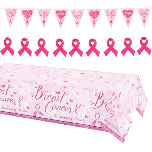 WANDIC Pinkes Band-Set, 1 Tischdecke und 2 Banner für Oktober-Krebs, Brustkrebs, Überlebende, Krieger, Kämpfer, Geschenke für Damen und Frauen von WANDIC