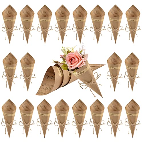 WANDIC Kraftpapier-Zapfen, 50 Stück, schwarze Konfetti-Tüten für Hochzeiten, Blumenstrauß, Blütenblätter, Süßigkeitentüten, Blumenhalter mit Hanfseilen, Etikettenaufkleberband (hellbraun) von WANDIC